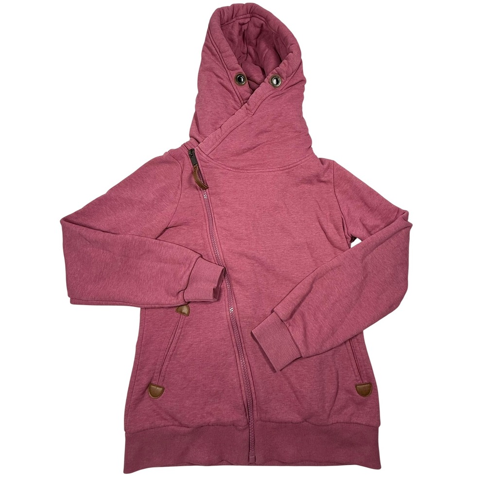 WANAKOME Pink Heathered Asymmetrical Zip Hoodie Mock Neck Hooded Sweatshirt Sz M